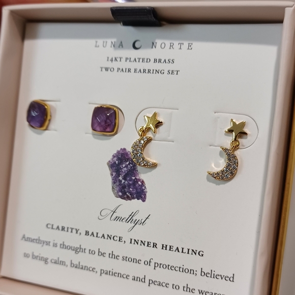 2 pairs stud earring BY LUNA NORTE AMETHYST 14K GOLD PLATED CRESCENT MOON STAR - Picture 6 of 7